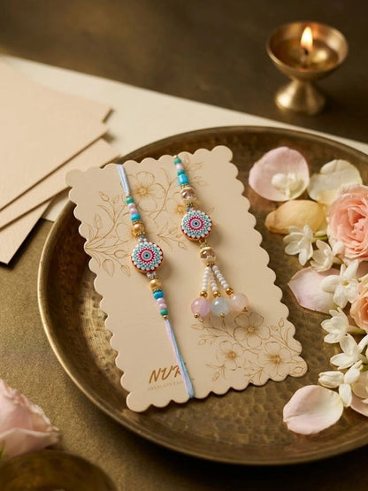 Anouk Set Of 2 Floral Design Bhaiya Bhabhi Rakhi With Roli Chawal Chandan Mishri
