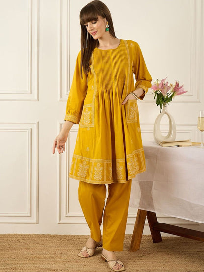 Flral Embroidered Pleated Thread Work Pure Cotton A-Line Kurta With Trousers