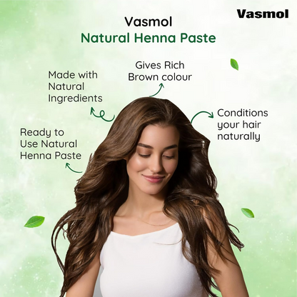Vasmol Natural Henna Paste ready-to-use for hair coloring, showcasing a bowl of vibrant green henna paste with fresh leaves beside it.