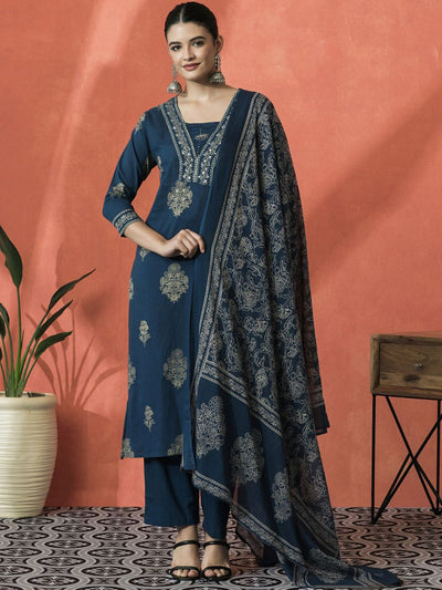 Indyancart SN Women's Floral Printed Notch Neck Pure Cotton Straight Kurta With Trouser And Dupatta