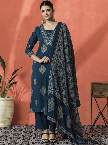 Dhiyona SN Women's Floral Printed Notch Neck Pure Cotton Straight Kurta With Trouser And Dupatta