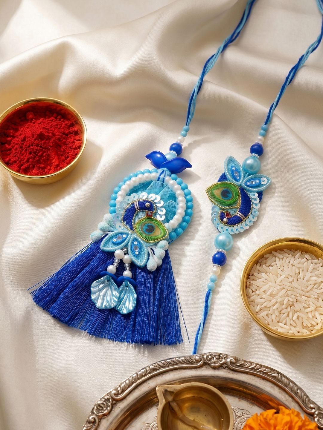 Anouk Set Of 2 Peacock Design Bhaiya Bhabhi Rakhi With Roli Chawal Chandan Mishri