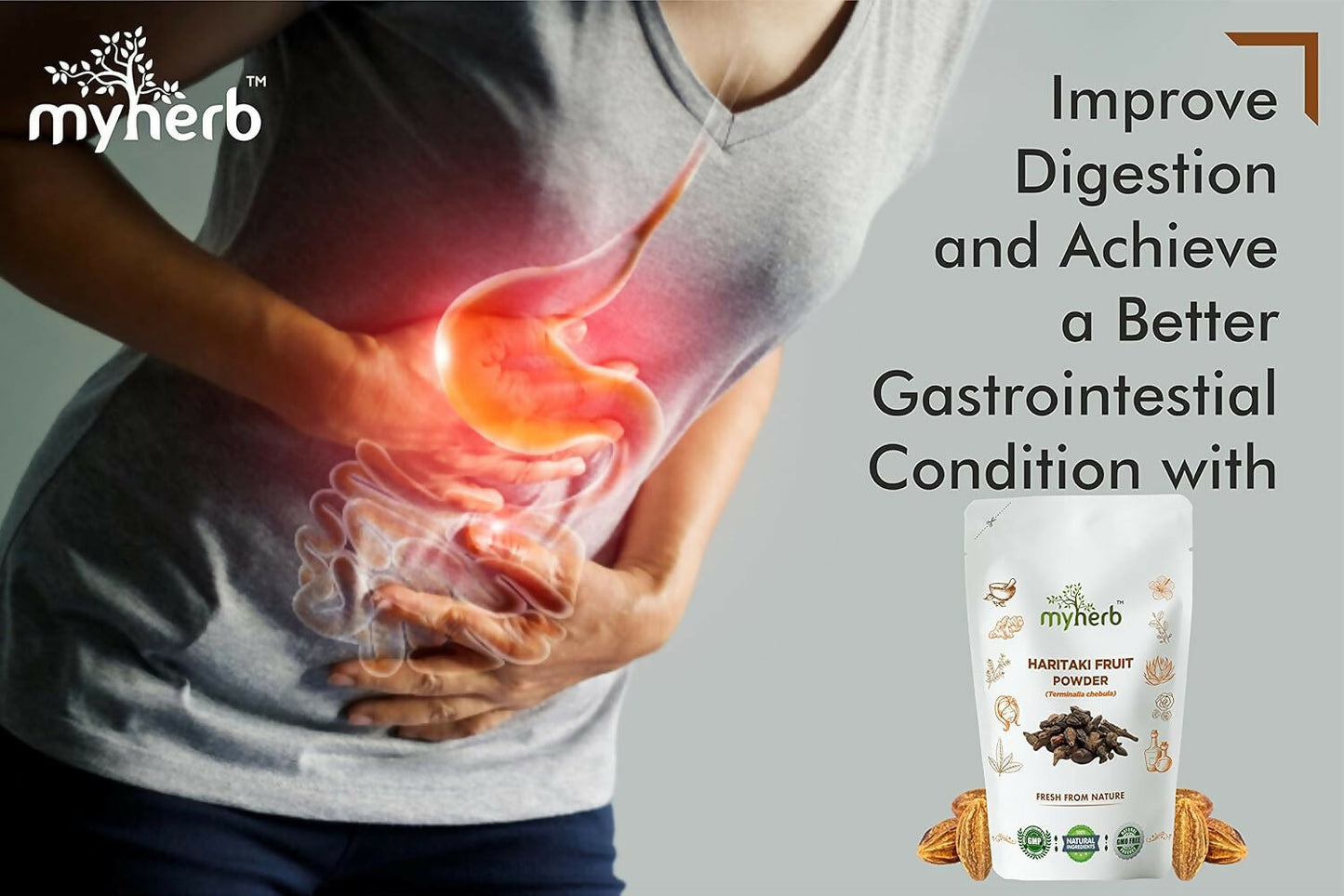 Myherb Natural Organic Haritaki Powder in a clear jar, highlighting its fine, golden-brown Ayurvedic herbal powder appearance.