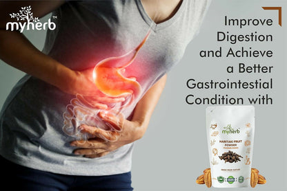 Myherb Natural Organic Haritaki Powder in a clear jar, highlighting its fine, golden-brown Ayurvedic herbal powder appearance.
