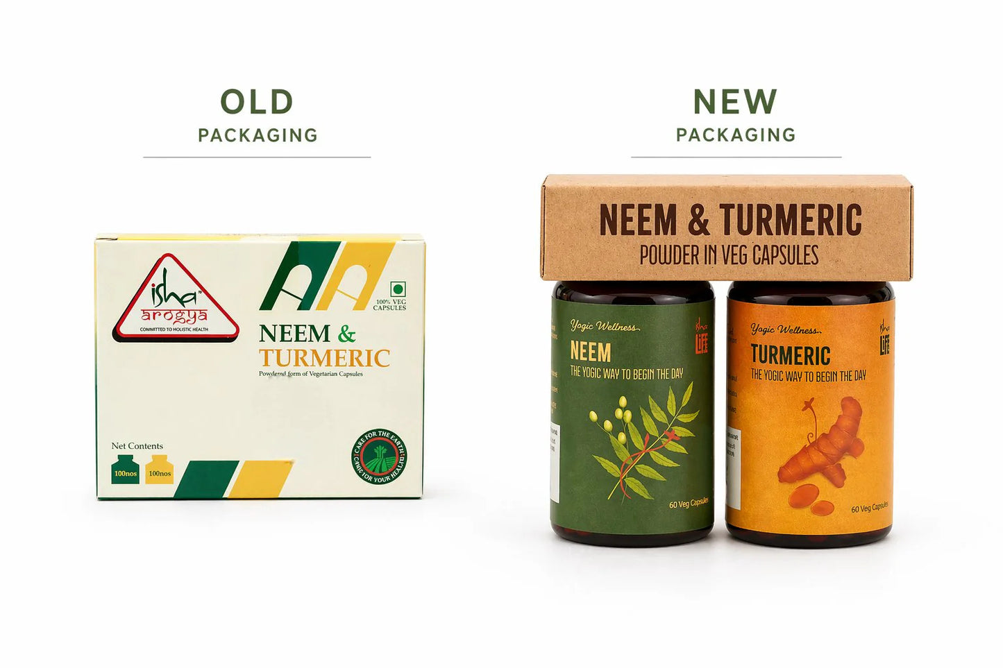 Isha Life Neem and Turmeric Ayurvedic capsules in a bottle with capsules visible, highlighting herbal health supplement.