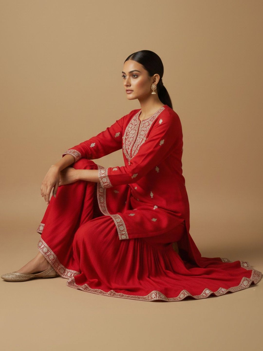 Indyancart VA Women Ethnic Motifs Embroidered Regular Kurta with Sharara & With Dupatta