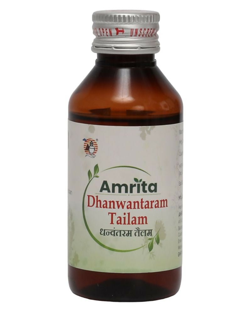 Amrita Dhanwantaram Ayurvedic Thailam in a glass bottle with a dropper, traditional herbal oil for wellness and balance.