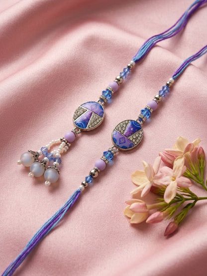 Anouk Set Of 2 Purple Artificial Beads Traditional Bhaiya Bhabhi Rakhi With Roli Chawal