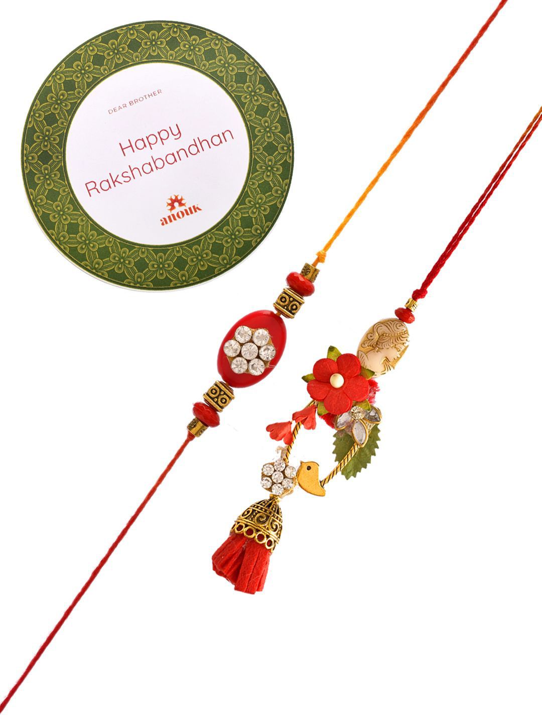 Anouk Red Beaded Bhaiya Bhabhi Rakhi With Roli Chawal & Greeting Card