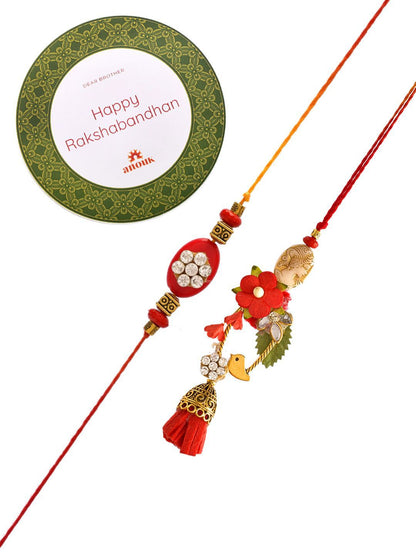 Anouk Red Beaded Bhaiya Bhabhi Rakhi With Roli Chawal & Greeting Card