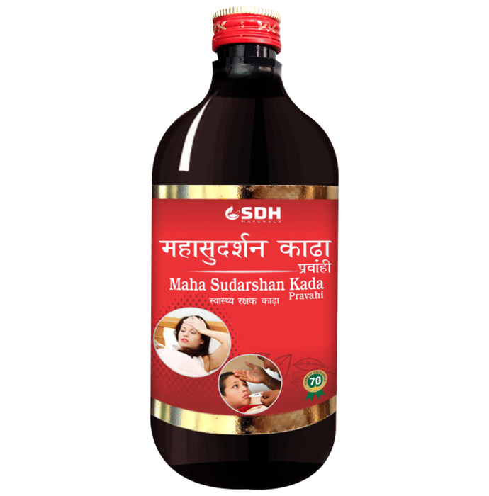 Bottle of SDH Naturals Maha Sudarshan Kada Pravahi Ayurvedic syrup, featuring traditional herbal ingredients in a clear glass bottle
