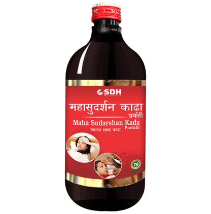 Bottle of SDH Naturals Maha Sudarshan Kada Pravahi Ayurvedic syrup, featuring traditional herbal ingredients in a clear glass bottle