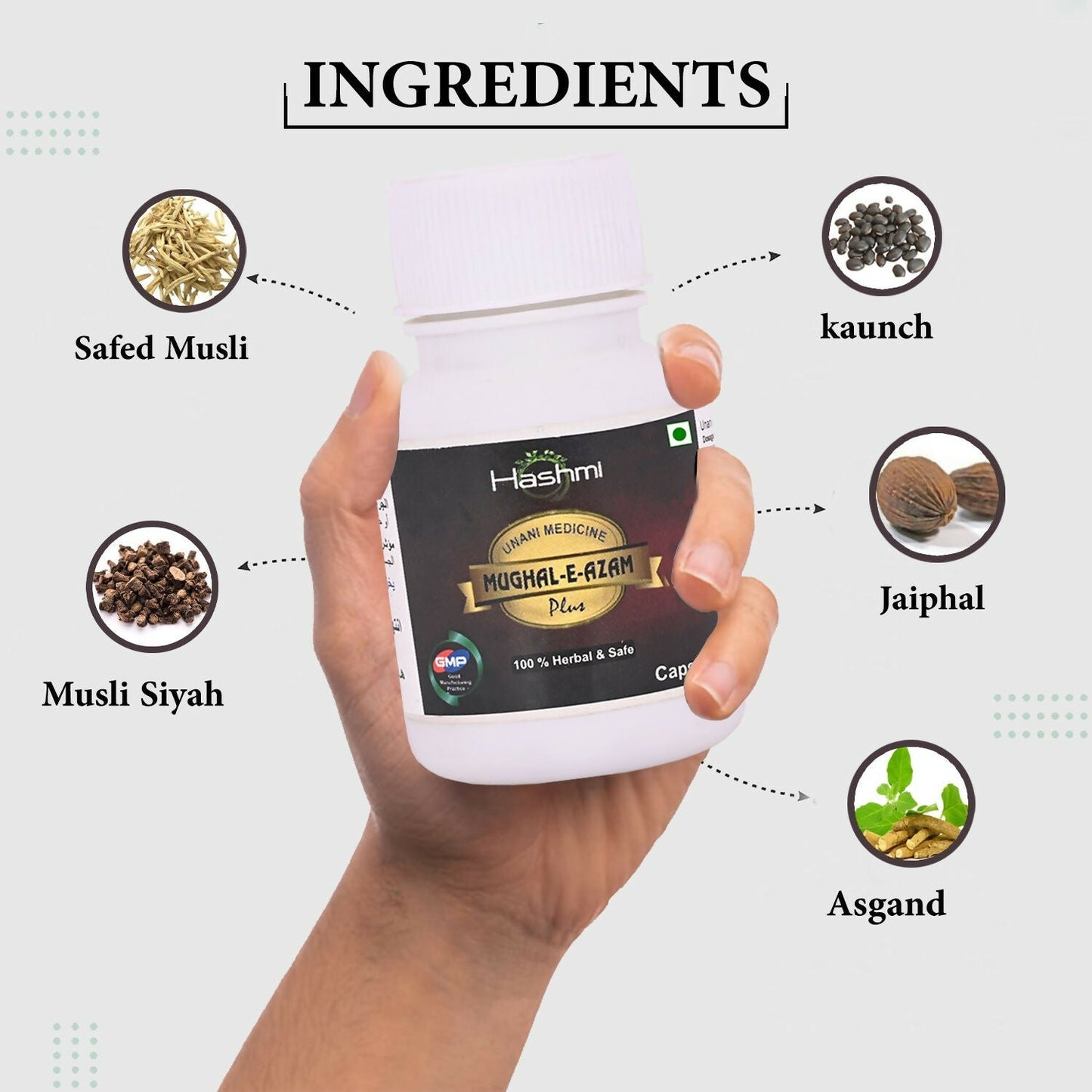Hashmi Mughal E Azam Ayurvedic capsules in a bottle with capsules visible, natural herbal supplement for health support