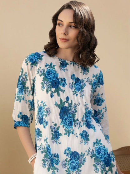 Women Floral Printed Pleated Pure Cotton Kurta with Trousers