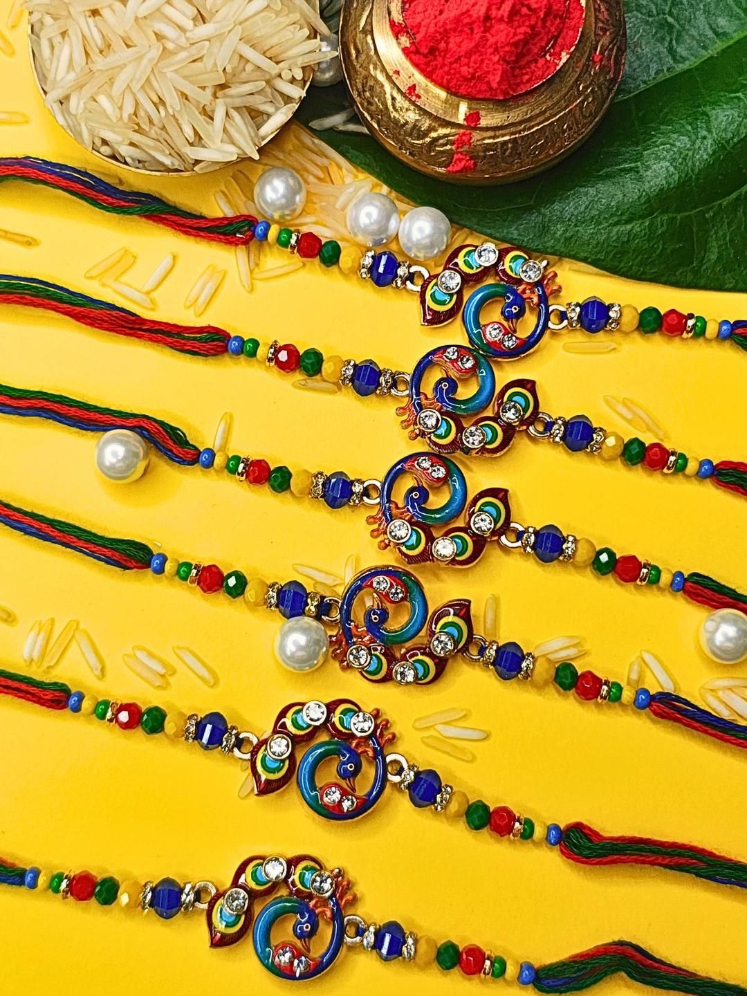 Anouk Set Of 6 Beaded Cotton Thread with AD Stones & Meenakari Designer Rakhi for Brother