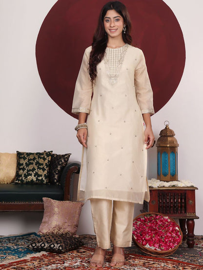 Indyancart VA Cream-Coloured Floral Embroidered Sequined Kurta With Palazzos & Dupatta