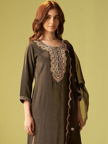 Women Ethnic Motifs Embroidered Regular Thread Work Liva Kurta with Trousers & With Dupatta