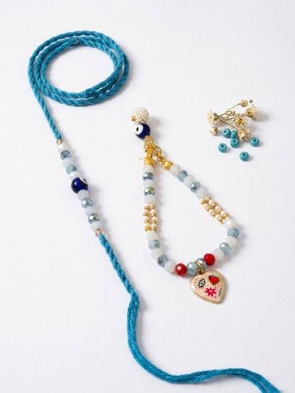 Anouk Set Of 2 Evil Eye Beaded Gold Toned Bhaiya Bhabhi Rakhi With Roli Chawal Chandan