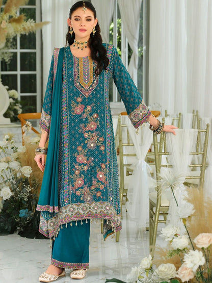 Ethnic Motifs Printed Mirror Work Pure Silk A-Line Kurta & Palazzos With Dupatta