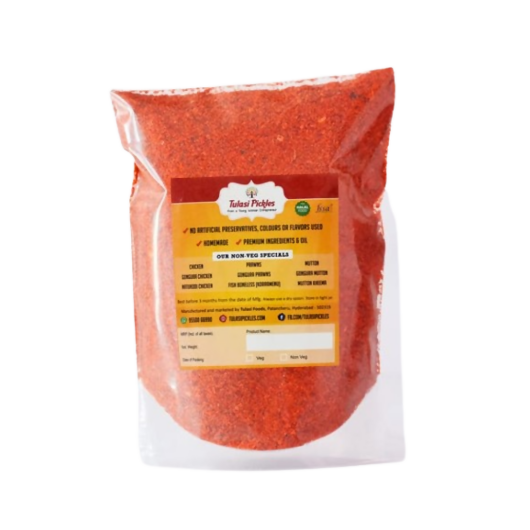 Dry Andhra Masala Karam chutney powder by Tulasi Pickles with Guntur spicy blend, shown in a close-up image