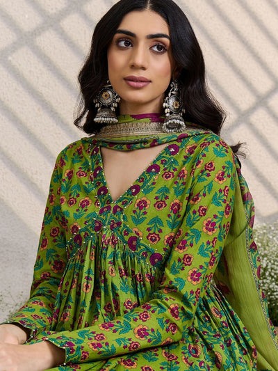Indyancart IE Women Floral Printed Empire Pure Cotton Kurta with Trousers & With Dupatta