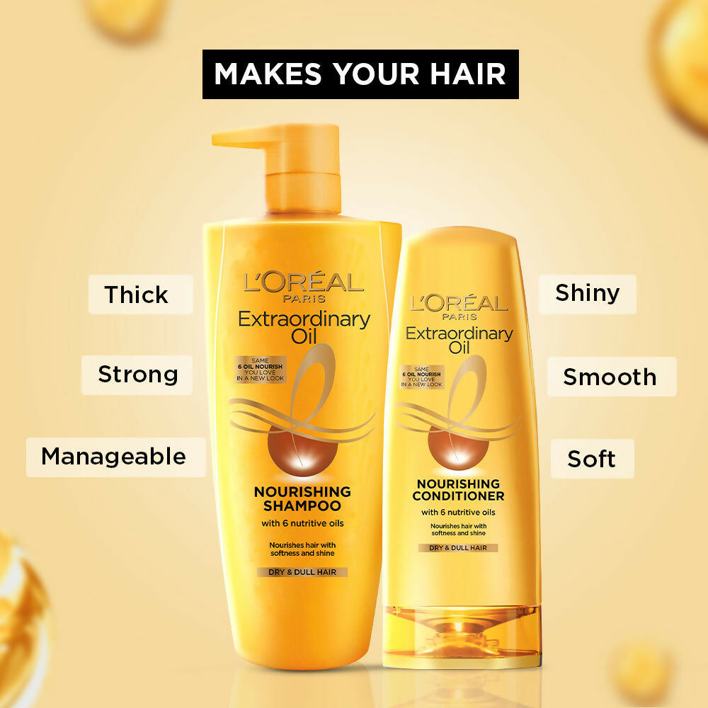 L'Oreal Paris Extraordinary Oil hair combo with bottles of hair oil for shiny, frizz-free hair, showing glossy hair and oil bottles.