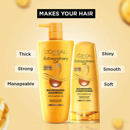 L'Oreal Paris Extraordinary Oil hair combo with bottles of hair oil for shiny, frizz-free hair, showing glossy hair and oil bottles.