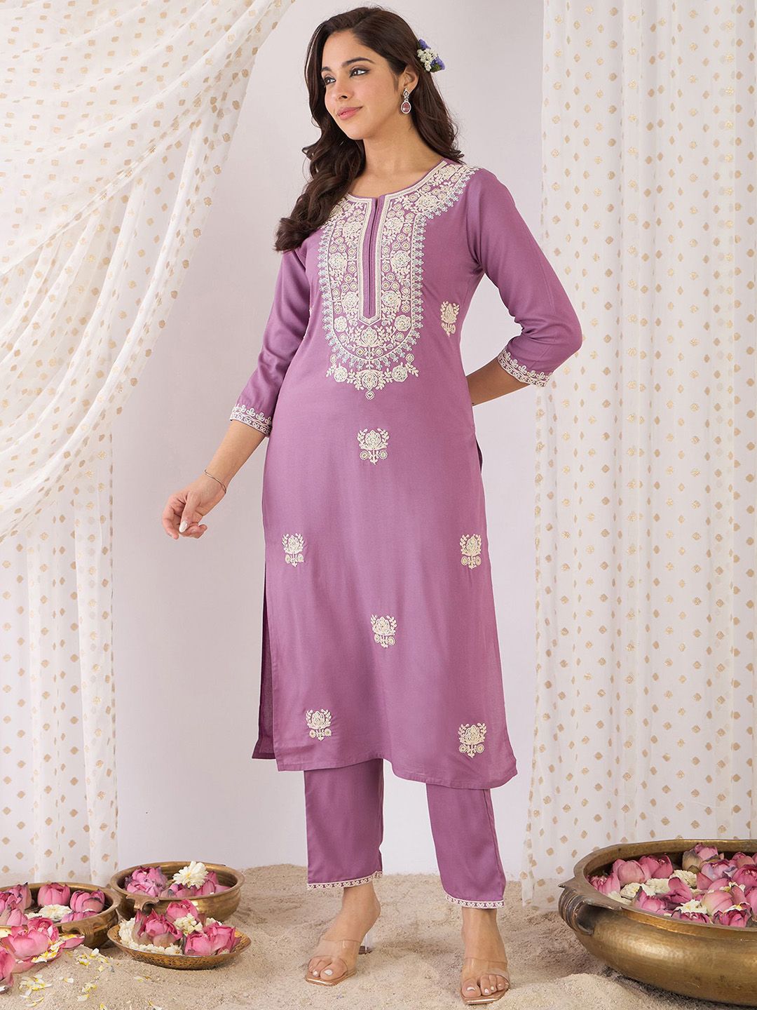 Floral Embroidered Thread Work Yoke Design Round Neck Straight Kurta With Trouser