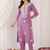 Indyancart IE Floral Embroidered Thread Work Yoke Design Round Neck Straight Kurta With Trouser