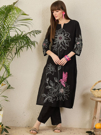 Floral Embroidered Notch Neck Thread Work Pure Cotton Straight Kurta with Trouser
