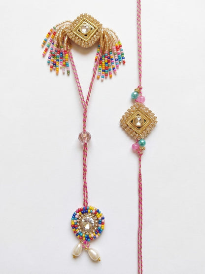 Anouk Set Of 2 White Artificial Stones Golden Toned Bhaiya Bhabhi Rakhi With Roli Chawal