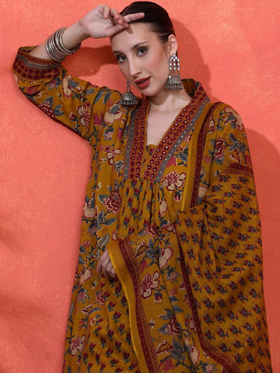 Indyancart SN Women's Floral Embroidered A-Line Pure Cotton Kurta With Trousers & Dupatta