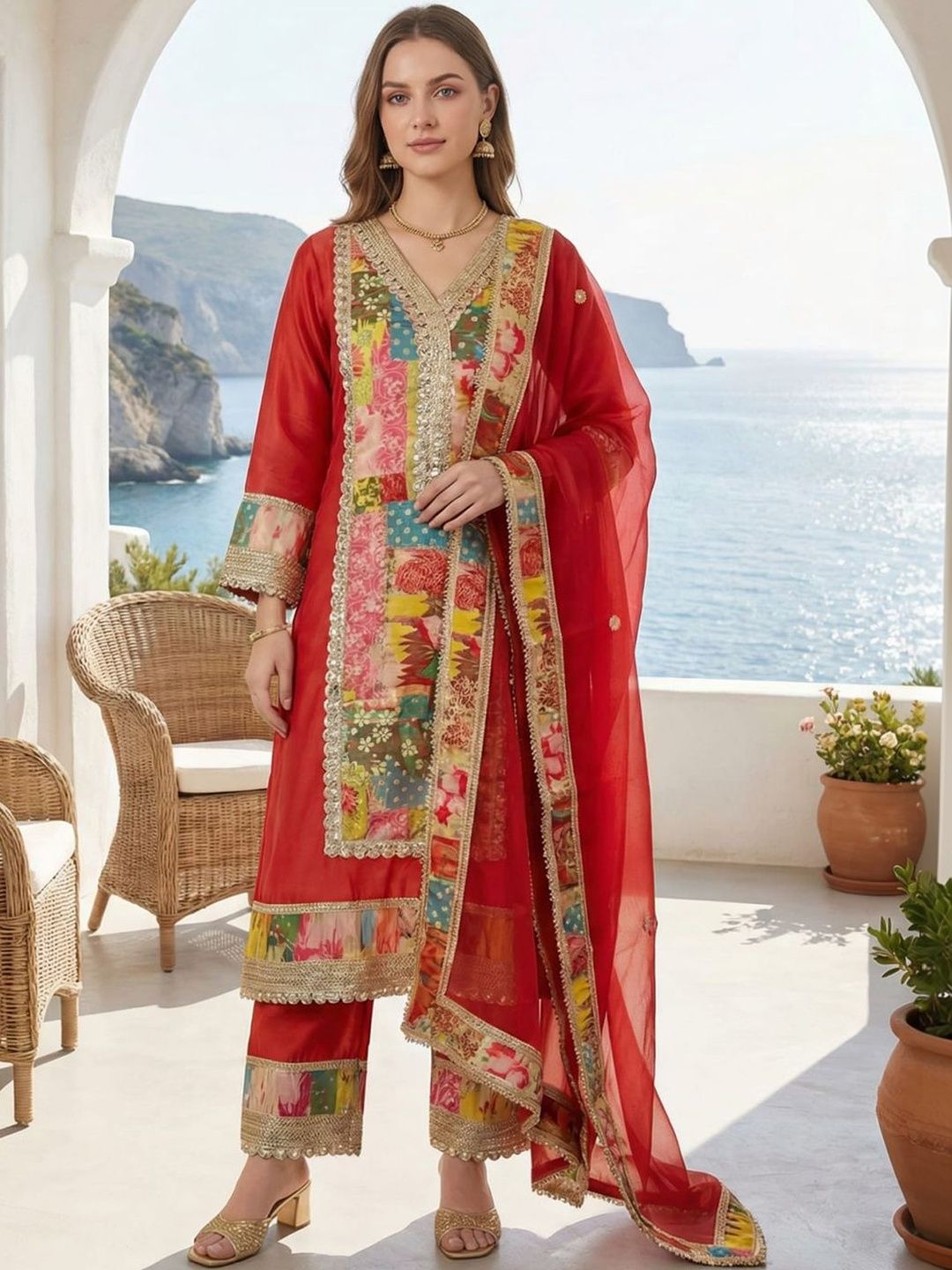 Indyancart IE Women Floral Printed Regular Gotta Patti Kurta with Palazzos & With Dupatta