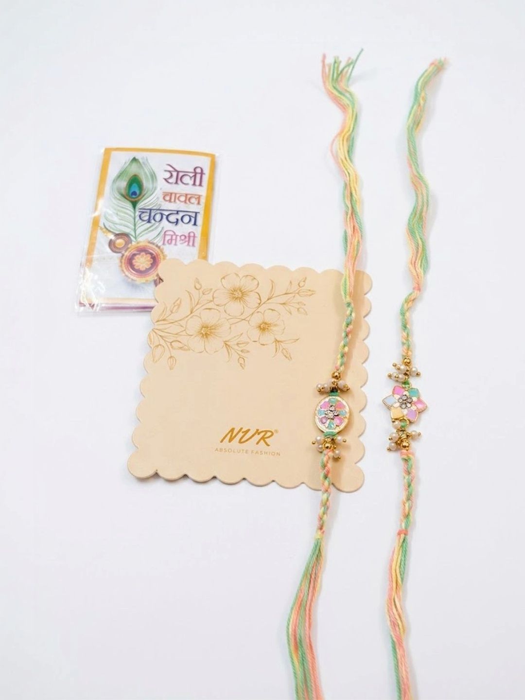 Anouk Set Of 2 Meenakari Floral Thread Rakhi With Roli Chawal Chandan Mishri