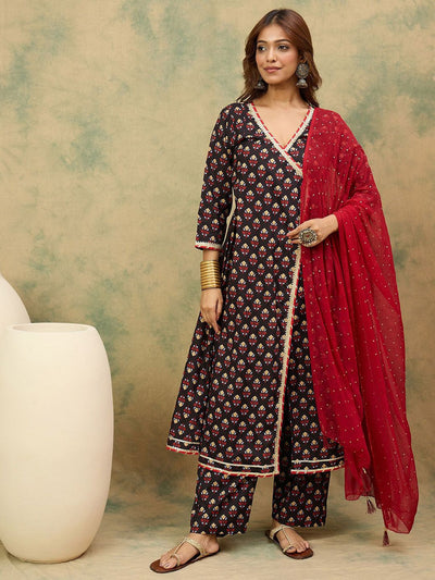 Indyancart VA Women'sFloral Printed V-Neck Angrakha Kurta With Trousers & Dupatta