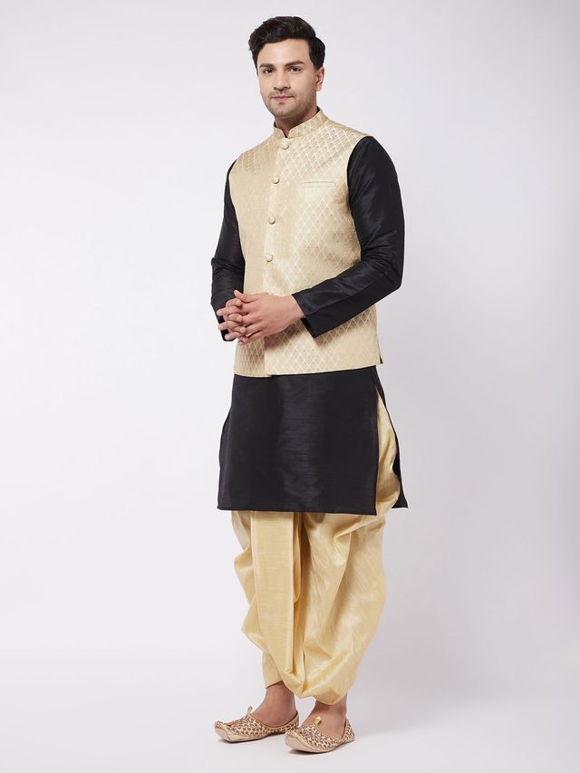 Men's Black Silk Blend Straight Jacket  Kurta and Dhoti Set