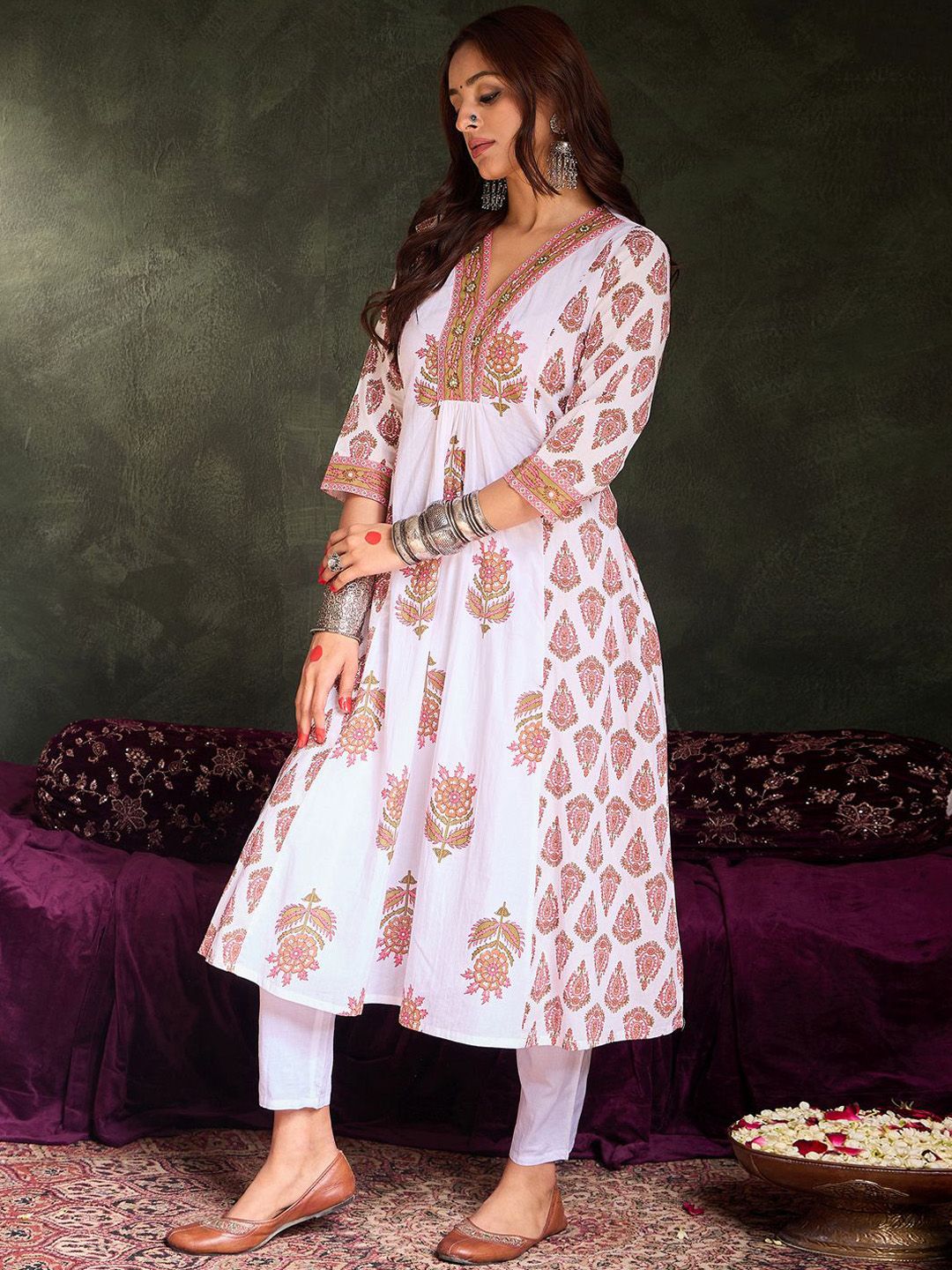 Floral Printed Panelled Pure Cotton A-Line Kurta With Trousers