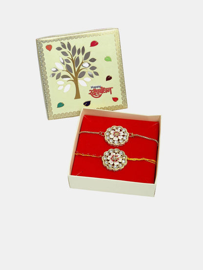Anouk Unisex Set Of 2 Gold Kundan-Studded Bhaiya Bhabhi Rakhi Set With Roli Chawal