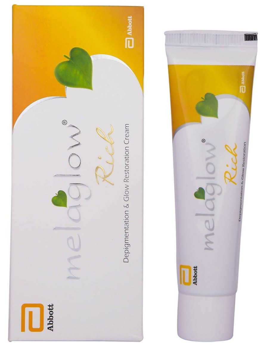 Abbott Melaglow Rich Depigmentation and Glow Restoration face gel in a jar, showcasing its creamy texture and packaging.