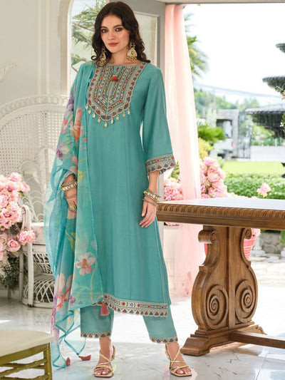 Indyancart IE Women's Ethnic Motifs Embroidered Regular Mirror Work Kurta With Trousers & Dupatta