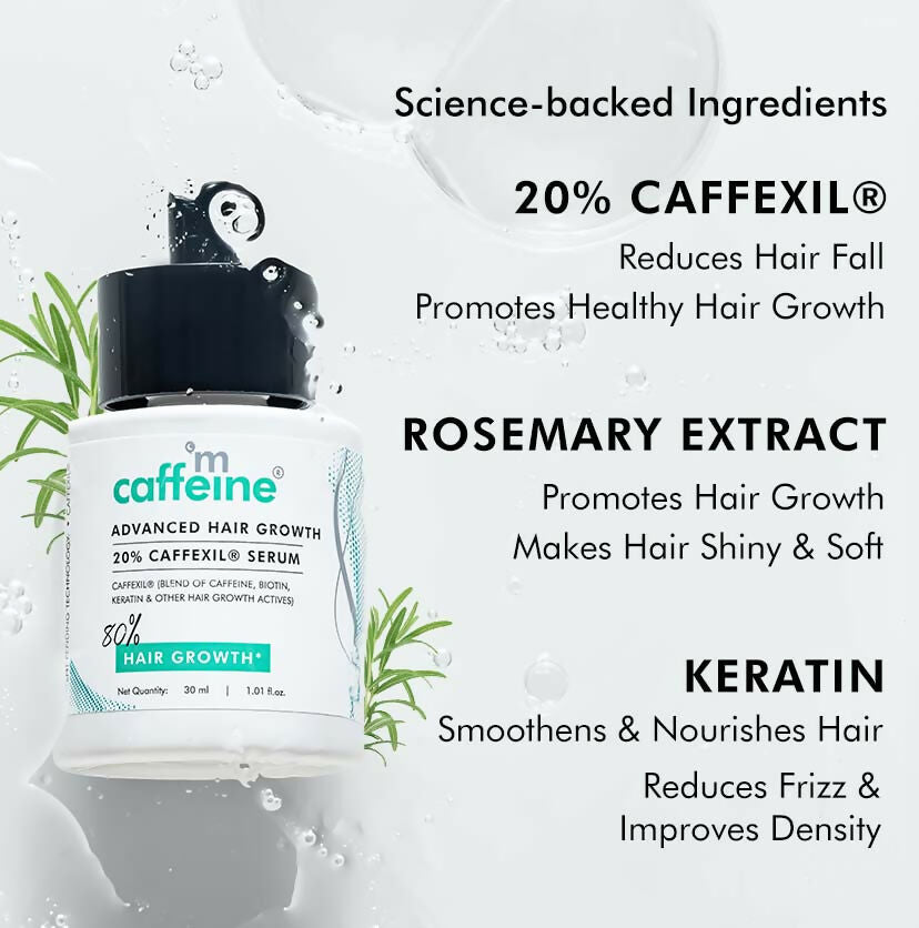 mCaffeine Advanced Hair Growth serum with 20% Caffexil and rosemary, featuring a dropper applicator and clear bottle.