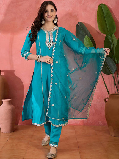 Indyancart SN Women's Solid Embroidered Kurta with Trousers & Dupatta