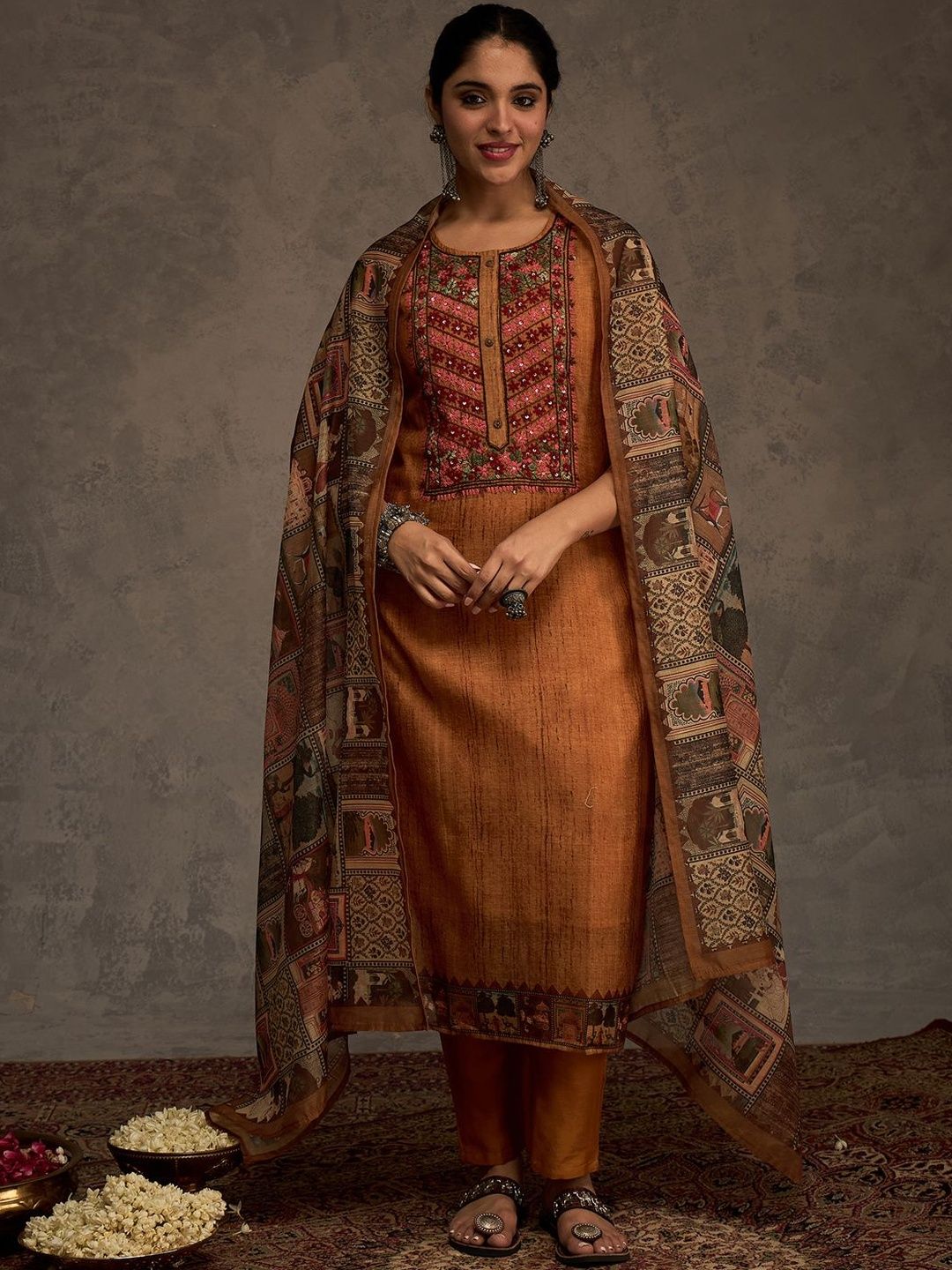 Ethnic Motifs Yoke Design Sequinned Chanderi Cotton Kurta With Trousers & Dupatta