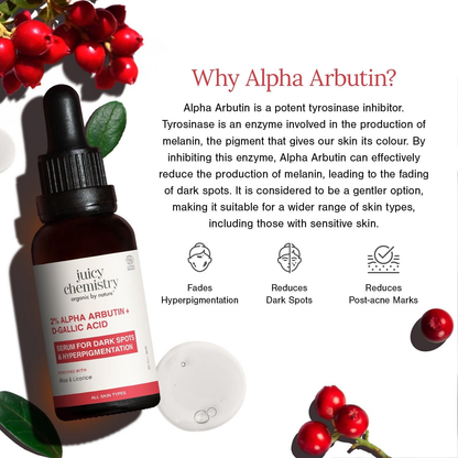Juicy Chemistry 2% Alpha Arbutin and D-Gallic Acid face serum in a clear glass bottle with dropper, displayed on a neutral background.
