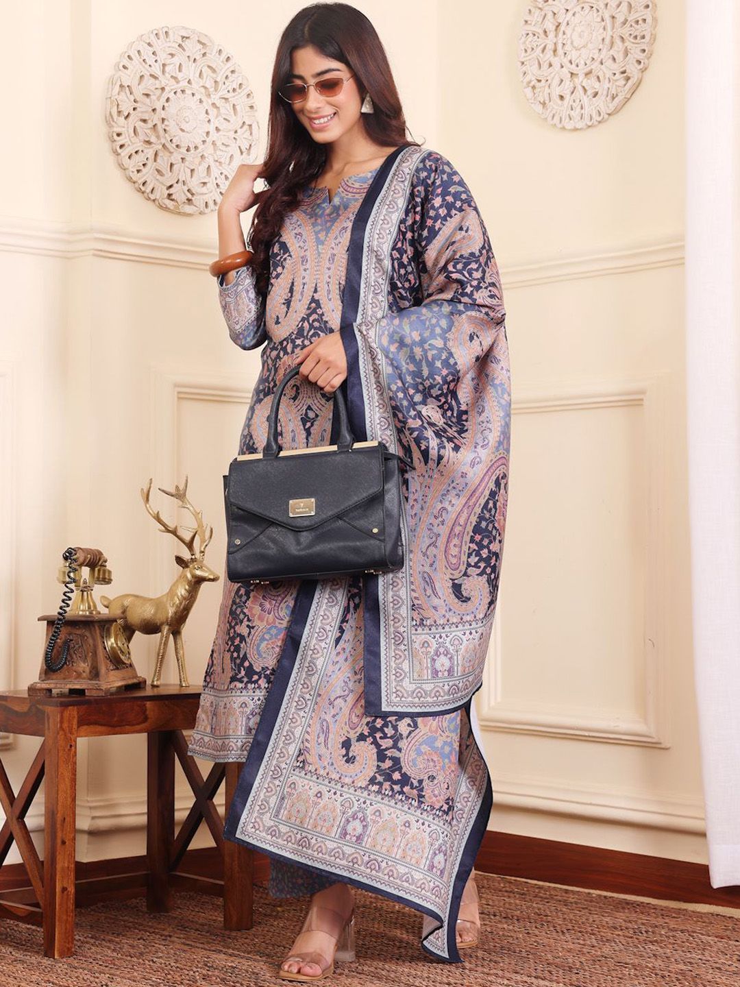 Indyancart VA Women'sPaisley Printed Straight Kurta with Trouser & Dupatta