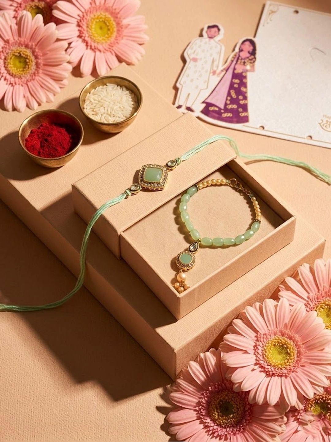 Anouk Set Of 2 Artificial Stones & Beads Bhaiya Bhabhi Rakhi With Roli Chawal Chandan