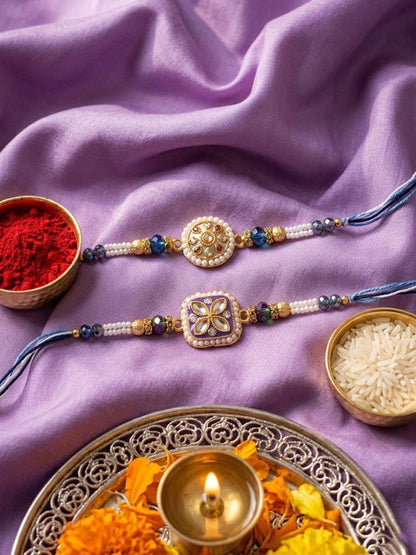 Anouk Set Of 2 White Pearls Thread Rakhi With Roli Chawal Chandan Mishri