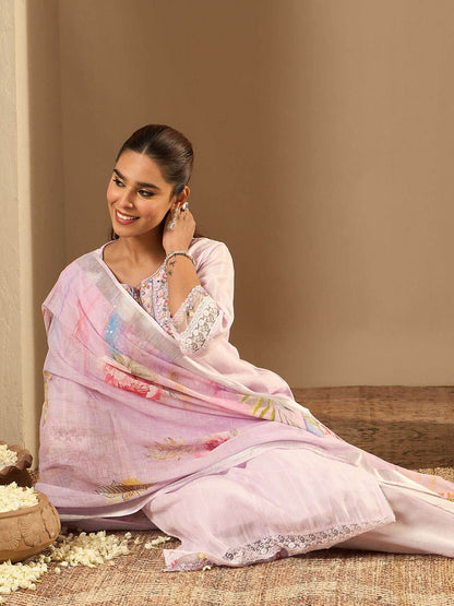 Indyancart IE Floral Yoke Design Straight Thread Work Pure Cotton Kurta with Trousers & Dupatta