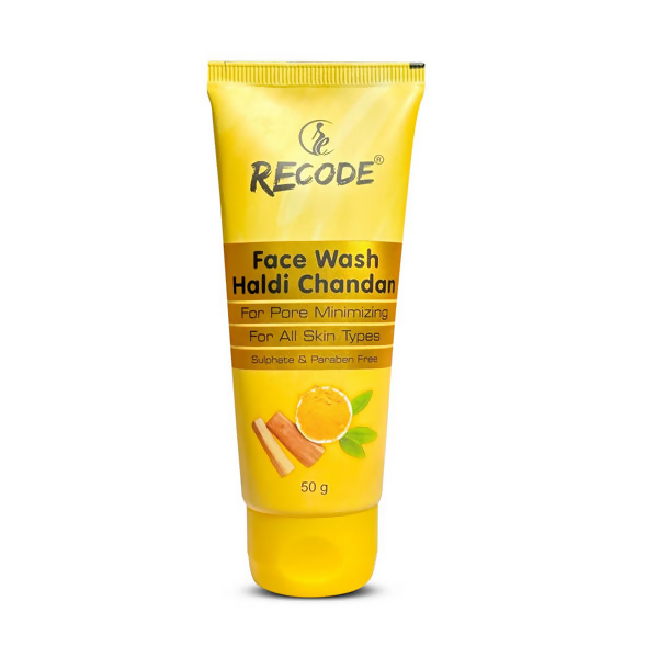 Recode Haldi Chandan Face Wash bottle with label, showcasing turmeric and sandalwood ingredients for natural skincare.