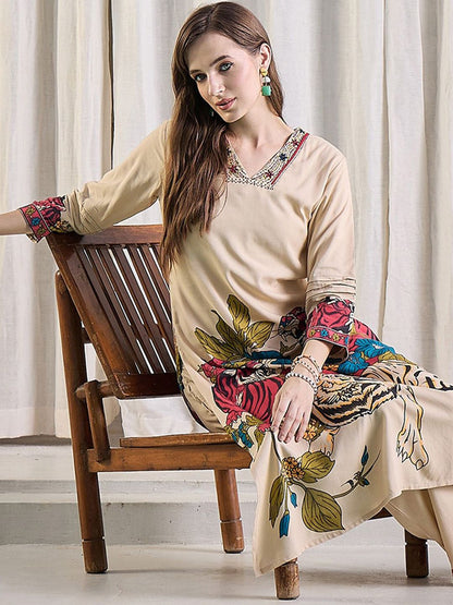 Dhiyona IE Printed Pure Cotton V-Neck Top With Palazzos Co-Ords